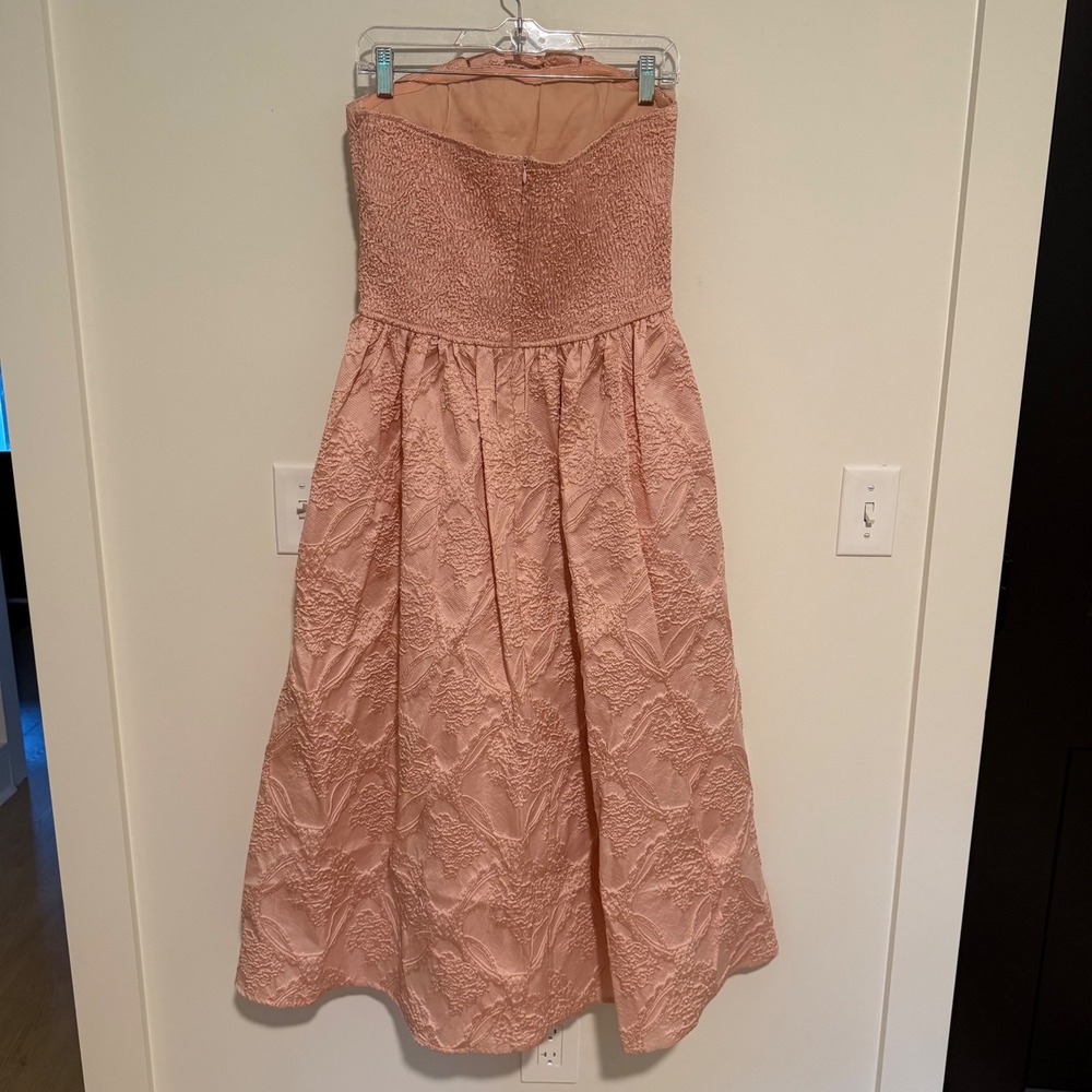 Entro Pink Floral Jacquard Strapless Midi Dress Pleated Bodice Pockets Size L - Picture 3 of 5